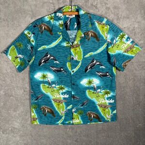 Vintage Pacific Legend Hawaiian Shirt Mens Large Florida Wildlife Map Cotton USA